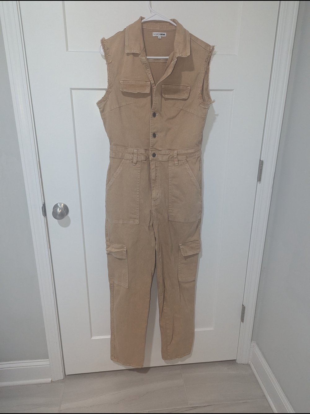 Sleeveless Utility Cargo Jumpsuit in Tan